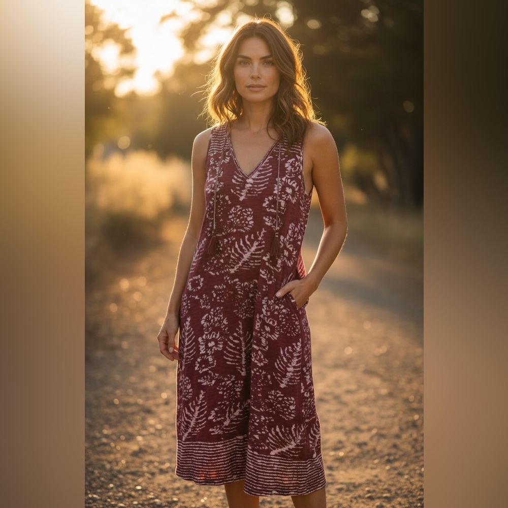 NWT Lucky Brand Batik Floral Fern/Fond Print Shift Tank & Tassels Midi Dress